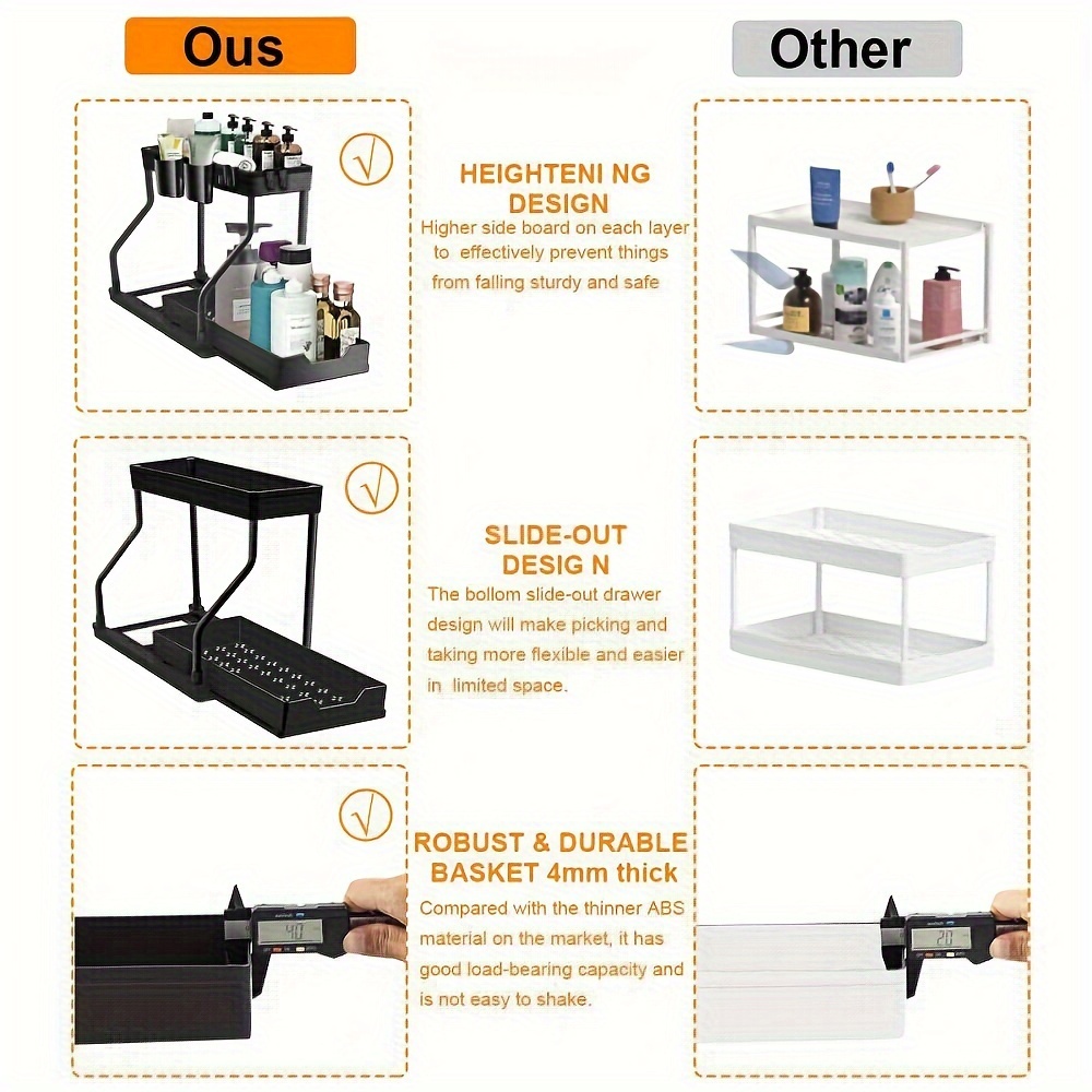 expandable under sink organizer 2 tier multifunctional pull out storage rack with hooks and hanging cup adjustable plastic shelving unit for kitchen and bathroom versatile space saver for     14 details 1