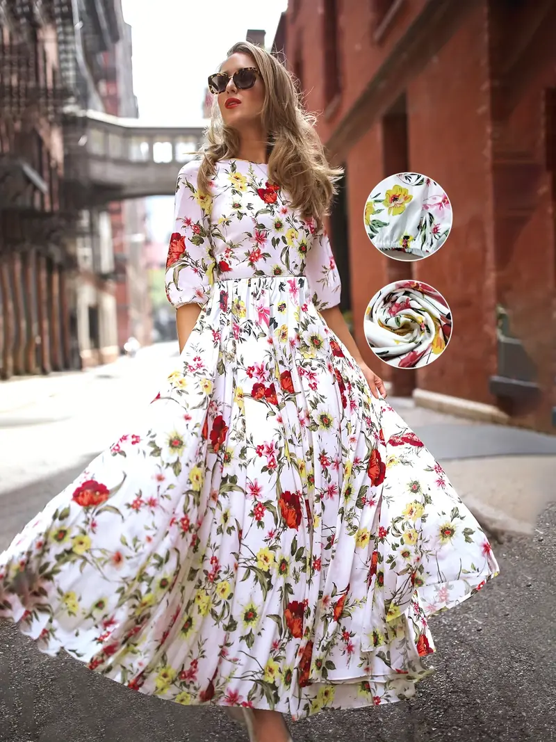elegant floral maxi dress with hem spring summer dress round neck lightweight fabric adult women dress floral print dress lightweight fabric Product details 3