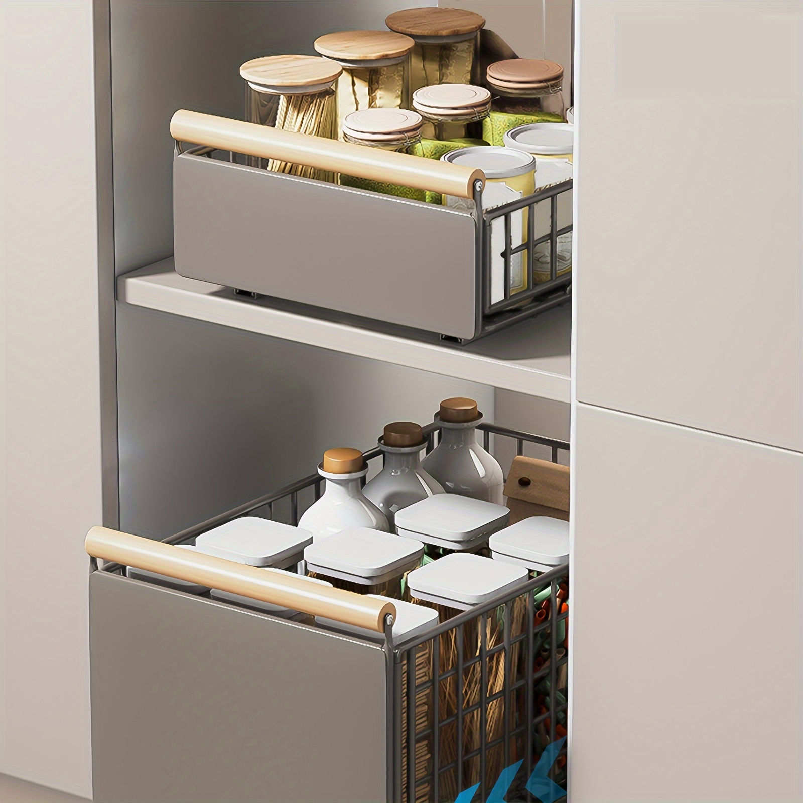 TEMU 2pcs Pull-out Storage Rack(s+l) With Wooden Handle - Sliding Cabinet Drawer Organizer For Kitchen, Bathroom, Under Sink - Versatile Shelf For