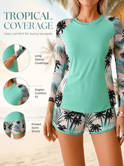 item picture suitable for summer beach womens tankini set 2pcs outfit casual tropical plant print round neck regular sleeve off shoulder contrast high waist swimwear set