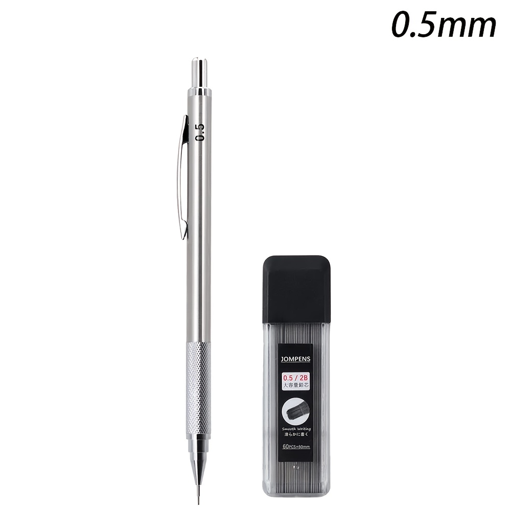 TEMU Set di Matite Meccaniche Professionali in Metallo | 1 Matita in Acciaio Inossidabile con 1 Scatola (60 Mine) | Scrittura , Ricaricabile e