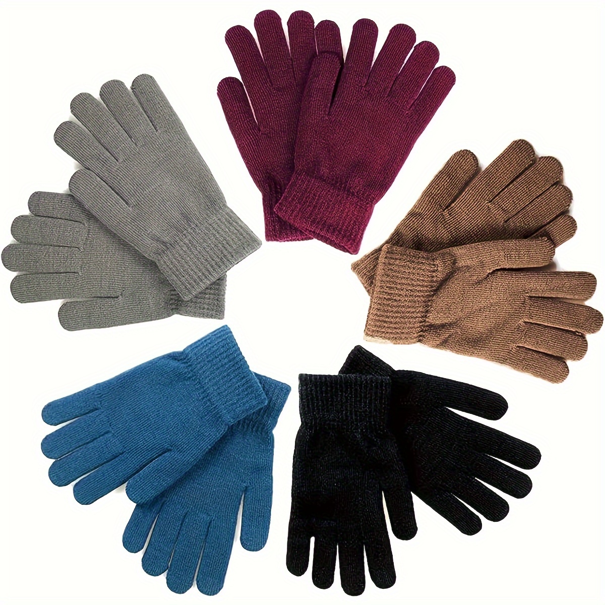 TEMU 5-pack Unisex Knit Gloves, Acrylic Thermal Lined Winter Gloves, Touchscreen Compatible, Machine Washable For Outdoor Activities, Gloves - Assorted Colors