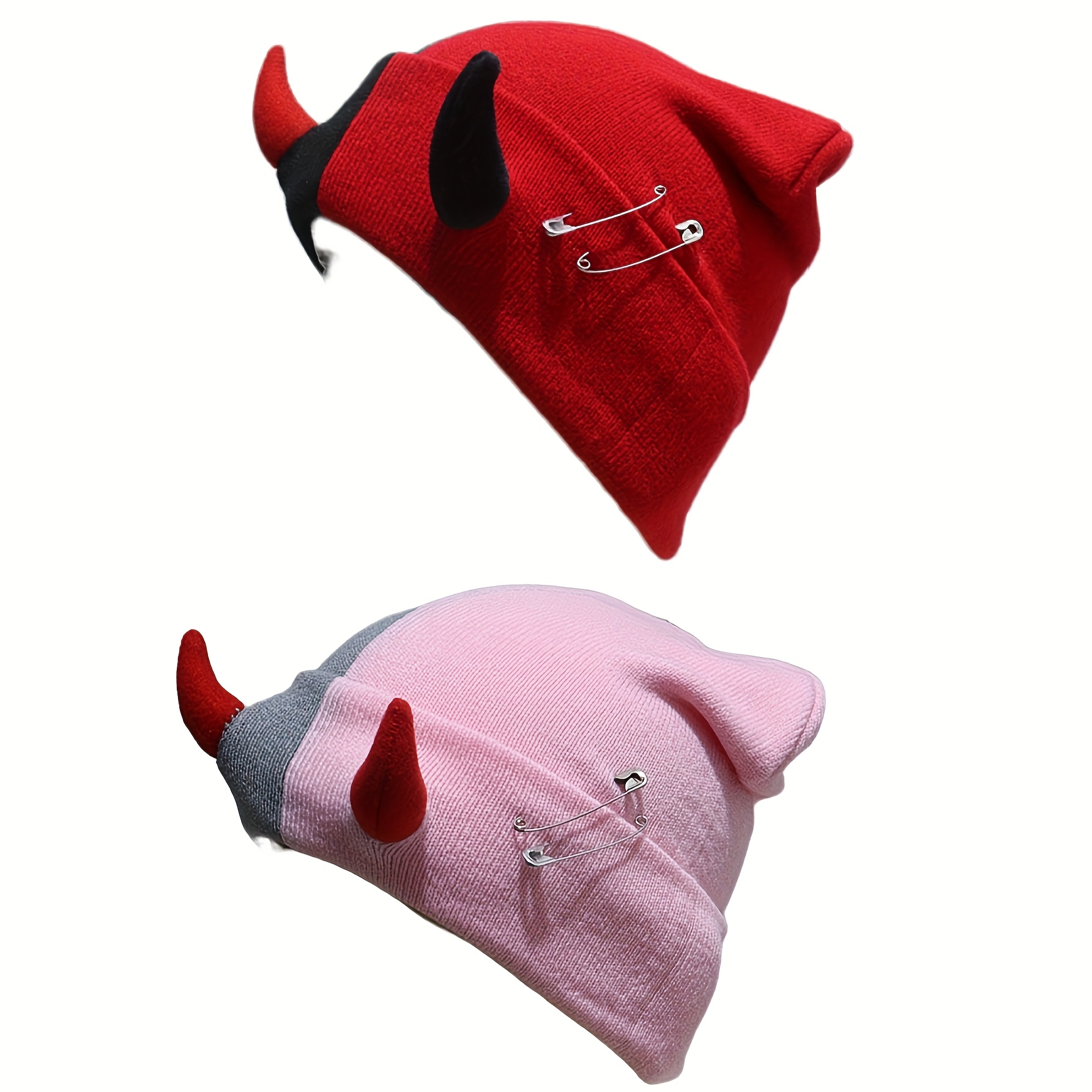 Rose Red Devil Horn Beanie Hat – Plush Winter Cap with Green Horns & X Eyes Devil Horn Beanie, Little Devil Beanie, Demon Horns, Devil  main image 2