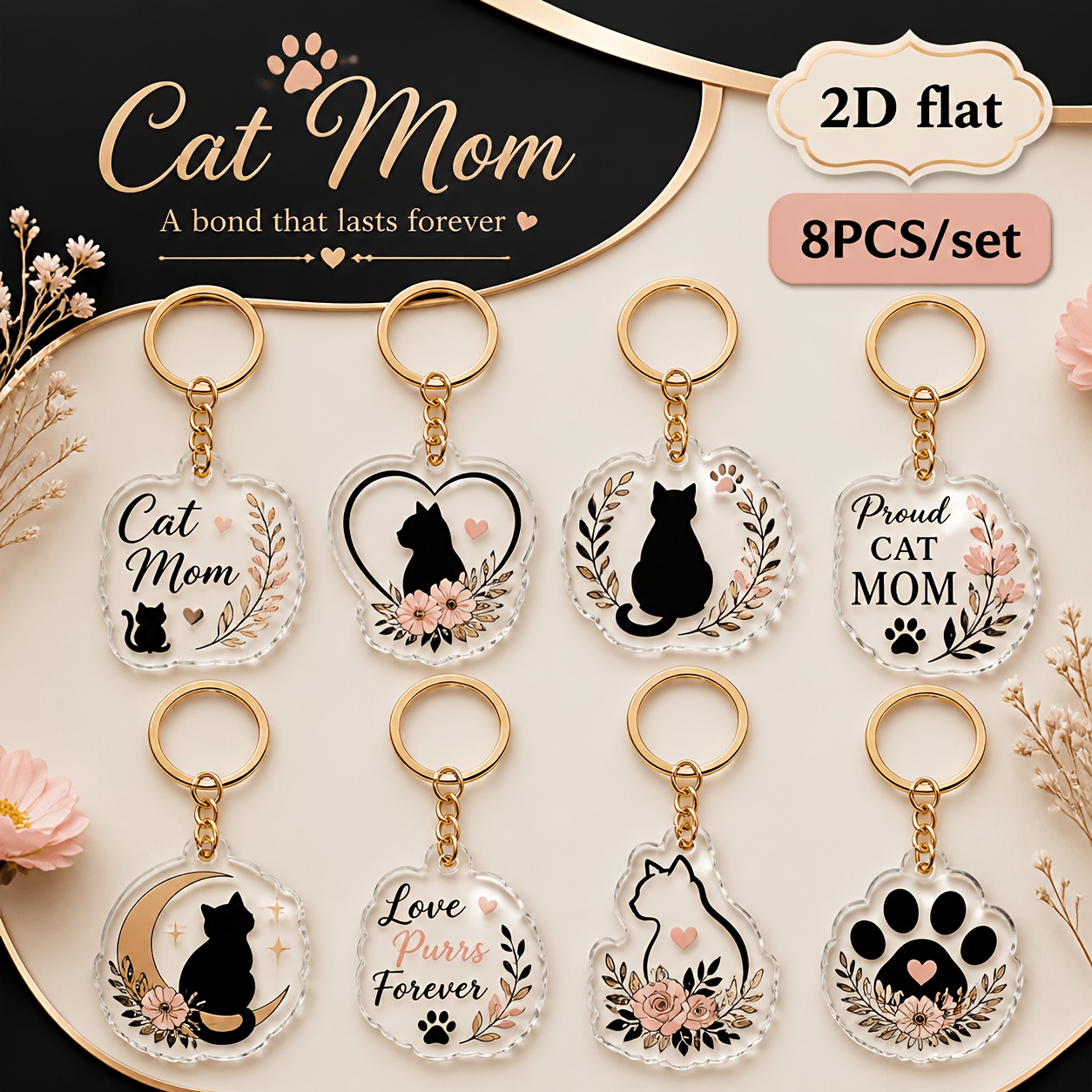 TEMU 2D Flat - [2D Flat] Juego de 8 piezas Exquisito Acrílico Transparente Flor Gato Animal Silueta de Pata Llavero Anillo de Llave Regalo Amante de