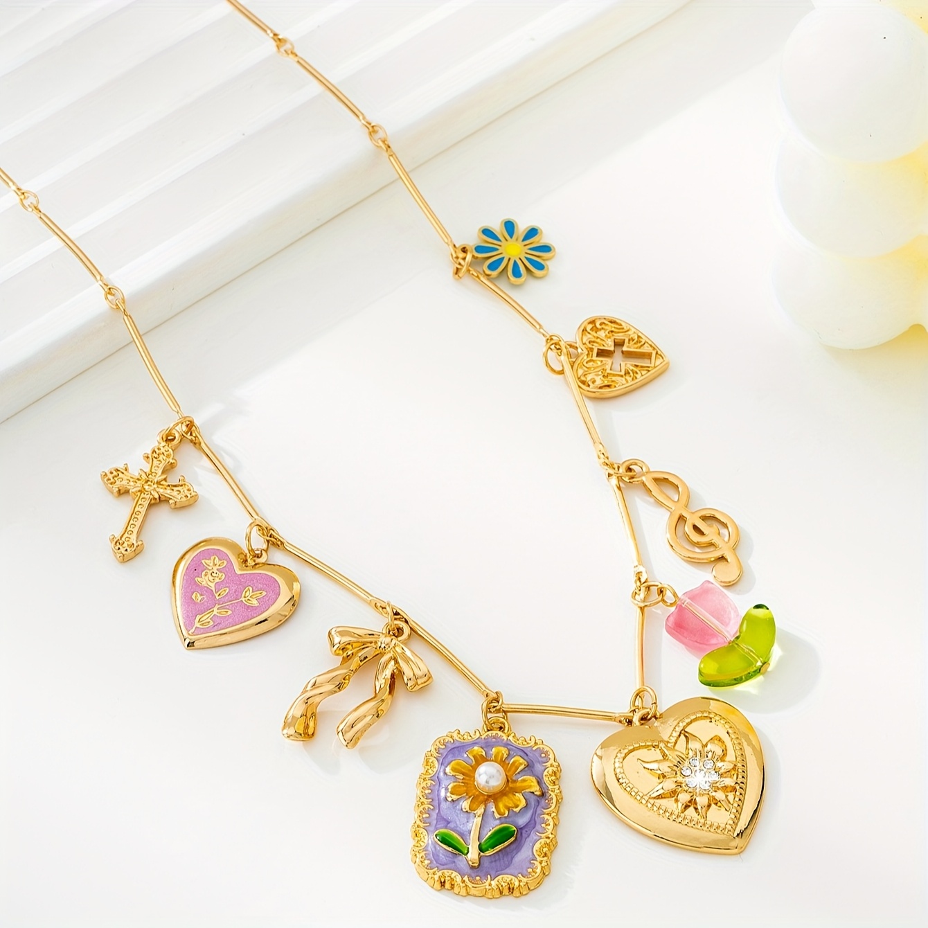 Image of A Stylish And Alloy Pendant Necklace Featuring A Tulip, Bow, And , Perfect For Women To Wear On Casual , Vacations, Or Parties
