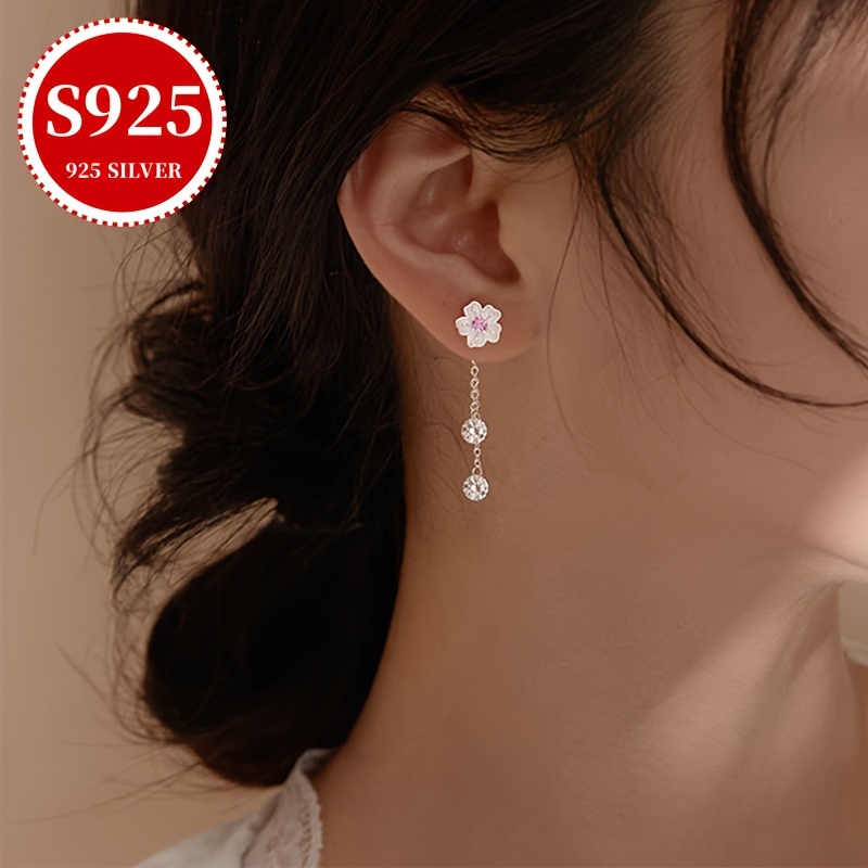 

925 Sterling Silver Dangle Earrings 18k Gold Plated Dainty Flower & Tassel Design Inlaid Zirconia Hypoallergenic Jewelry Gifts For Women