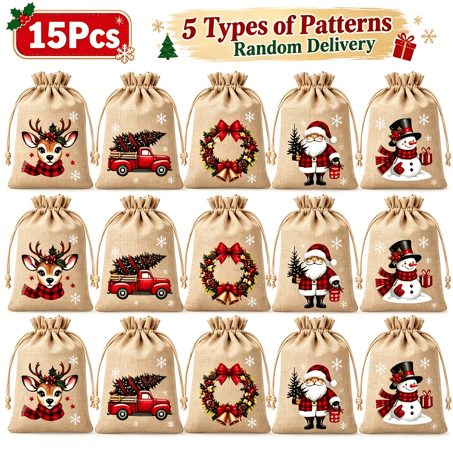 TEMU Lot de 15 sacs cadeaux à cordon de serrage en corde de imprimés sur le thème de Noël, pochettes de rangement réutilisables pour décoration de