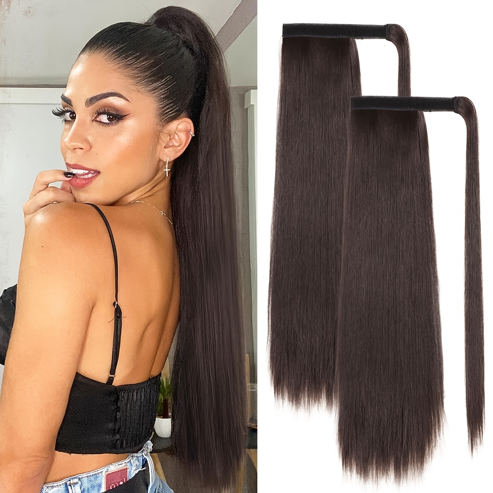 Image of Long Straight Ponytail Hairpiece, Synthetic Hair Extension Braid, For Women And, Dark Brown, 60 Cm