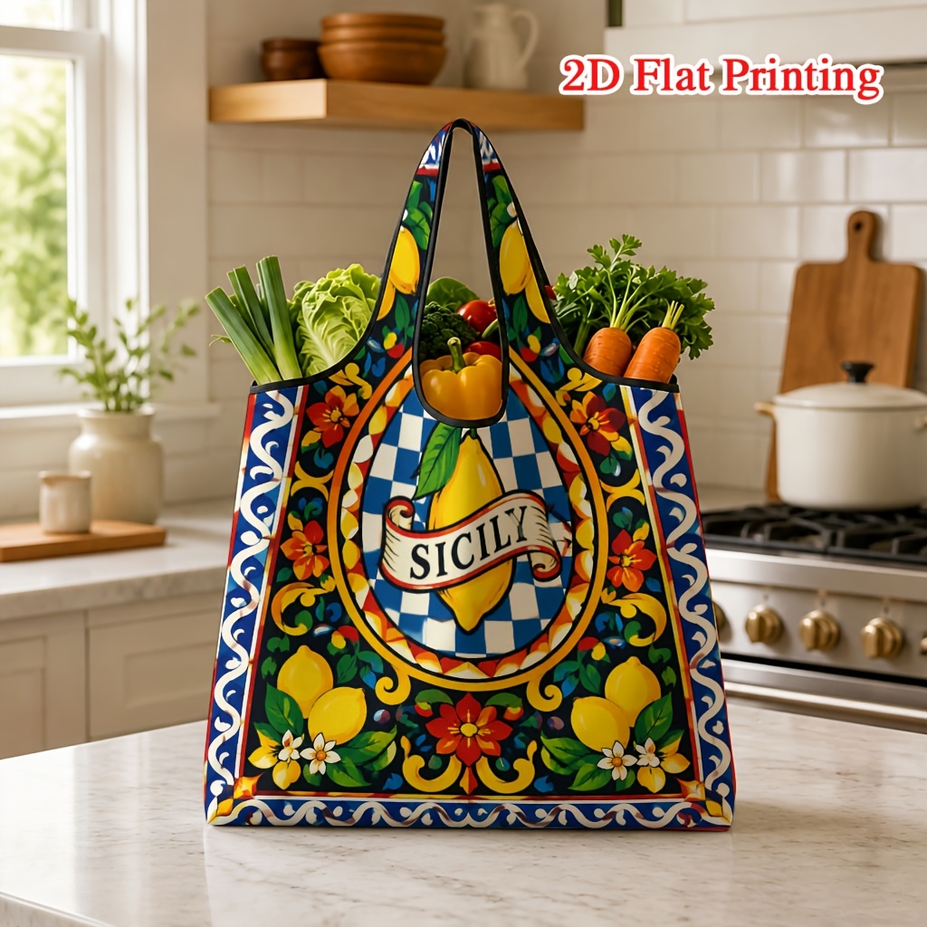 TEMU 1pc Floral Checkered Pattern, 2d Printed Large Portable Handbag With Shoulder Strap For Crossbody, Suitable For Grocery Shopping And Travel,