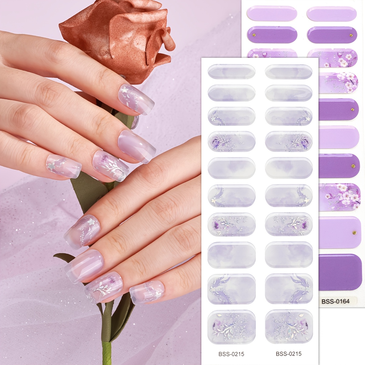 

40pcs Elegant Purple Gradient Floral Gel Nail Strips - Self-adhesive Full Wraps With Glitter Accents, Includes Nail File, Salon-quality, Uv Lamp Required, Ideal For Daily & Date Night Use