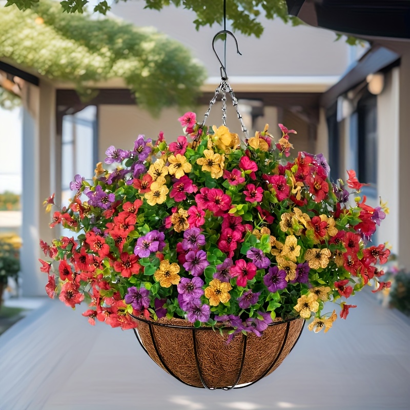 1pc artificial hanging plants flowers with 8in 10in basket for outdoor summer decor   daisy eucalyptus in pot planter look real porch home indoor patio balcony yard decoration 0