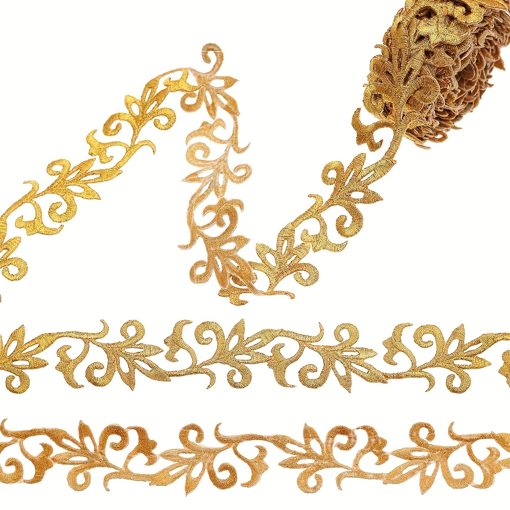 Decorative Embroidered Lace Trim Ribbon 4. Iron On Metallic Floral Pattern Lace Applique For Sewing Gown Dress Hats Decoration, Golden And Silvery