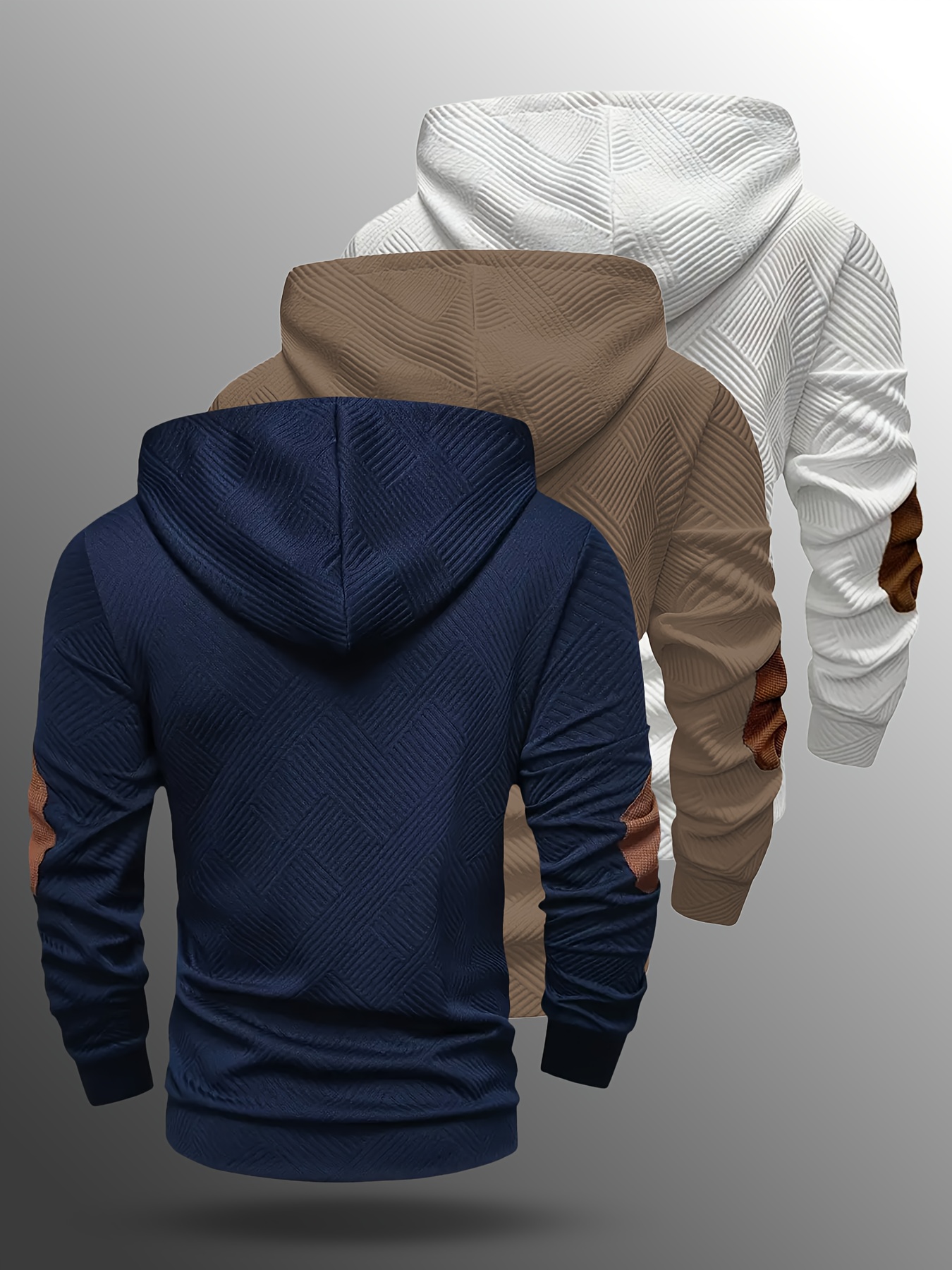 Men's 3pcs Hooded Sweatshirt Set - Textured Micro-Elastic Fabric, Casual Button & Drawstring Hoodies with Chest Pocket & Contrast Collar - Spring/Fall Outdoor Wear (Navy/Beige/White) - Versatile Layering for Daily & Vacation - Hand Washable, Comfortable Everyday Sweatsuit Set, Modern Streetwear, Breathable Fabric, Durable Construction, Elastic Cuffs, Style