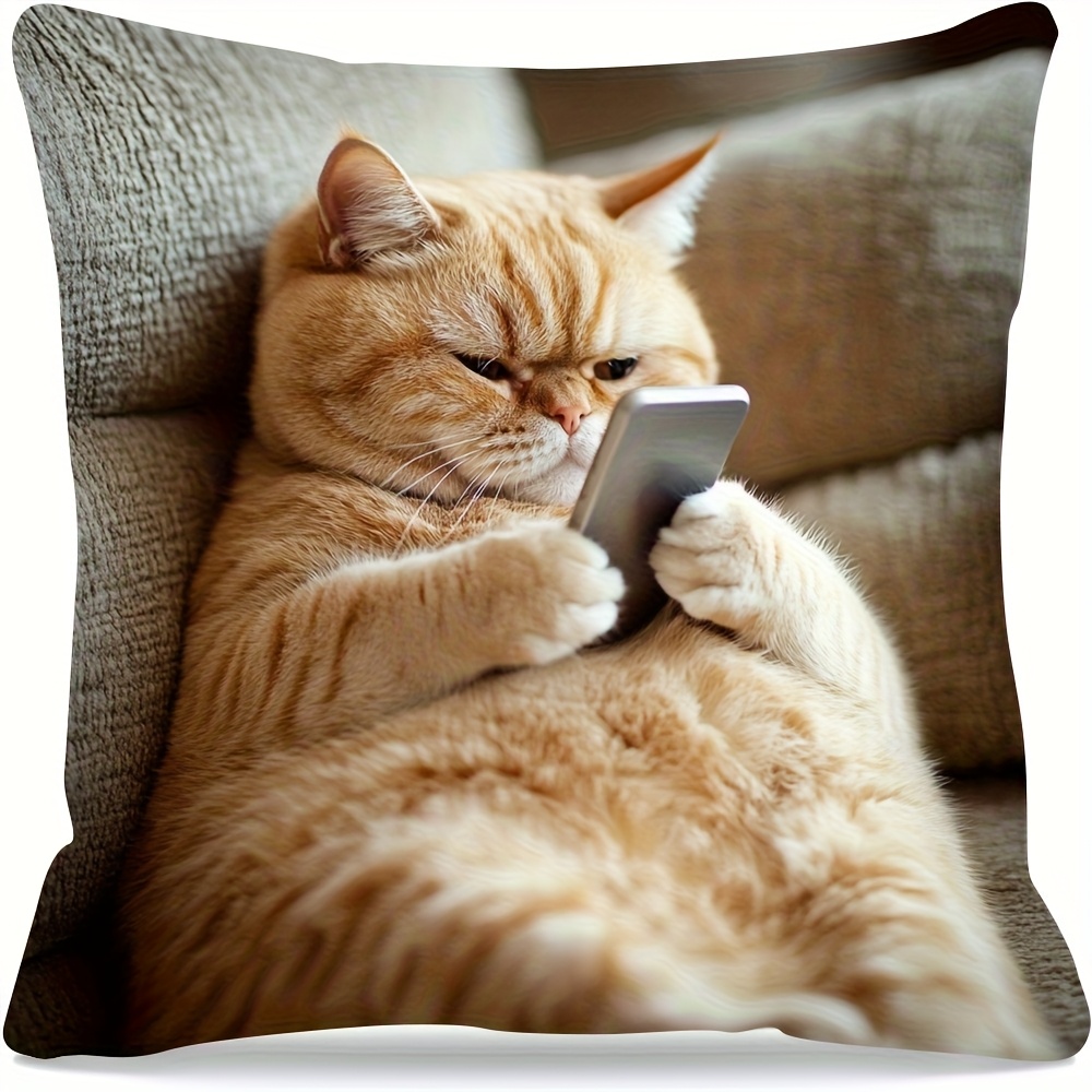 TEMU 1pc Cat-themed Phone Pillow Cover, , Suitable For Room Decorations, Made Of Polyester Fiber, Zipper Closure, Machine Washable, Without Pillow