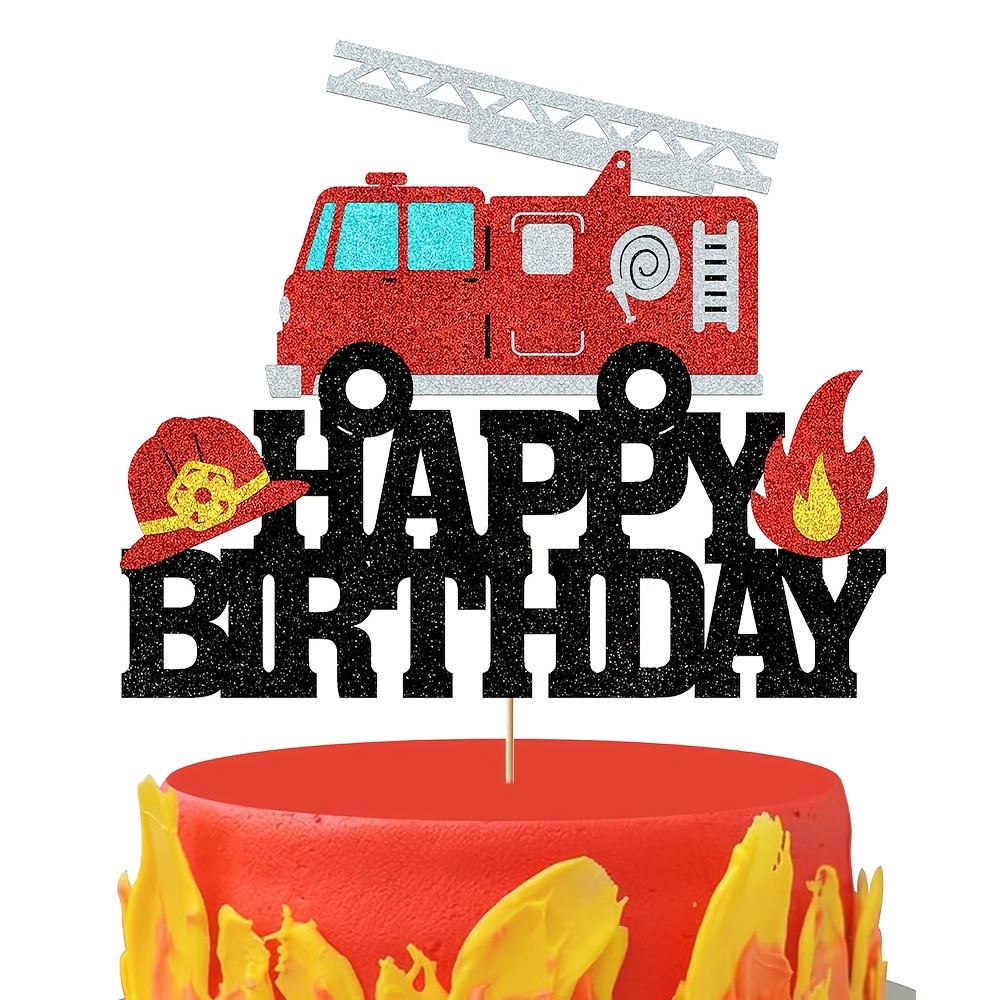 Image of 1pc Glitter Fire Truck Happy Birthday Cake Topper, Firefighter Helmet Flame Ladder Design, Fireman Fire Themed Birthday Party Supplies