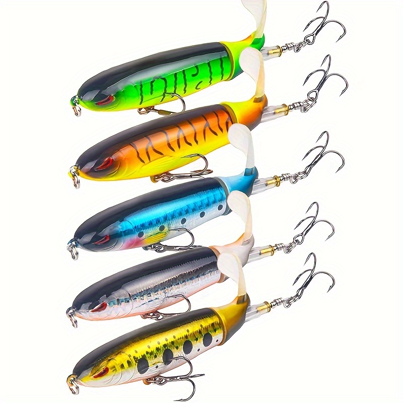 

5-piece Premium Pencil Fishing Lure Set - Rotating Popper With 2 Treble Hooks, Durable Abs Material, Topwater Action For Outdoor Adventures Soft Plastic Fishing Lures Portable Fishing Rod And Reel