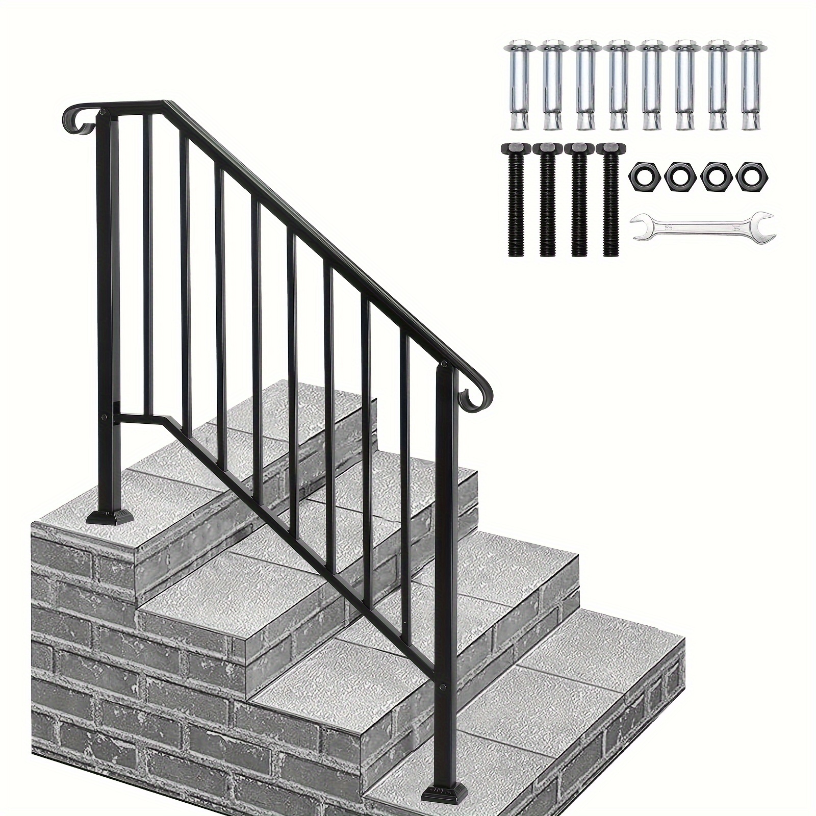 

Antsku 4 Step Handrails For Outdoor Steps, Wrought Iron Stair Railing Fits 3 Or 4 Steps, Metal Hand Rail With Installation Kit, Staircase Handrails For Concrete, Porch, Deck, Exterior Steps, Black
