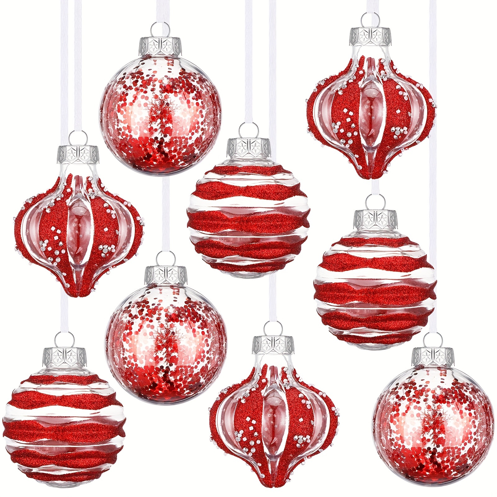 

9- 3.15" Red Christmas Ornaments, Shatterproof Plastic Round Decorative , Decorations For , , , , Hanging Ribbons