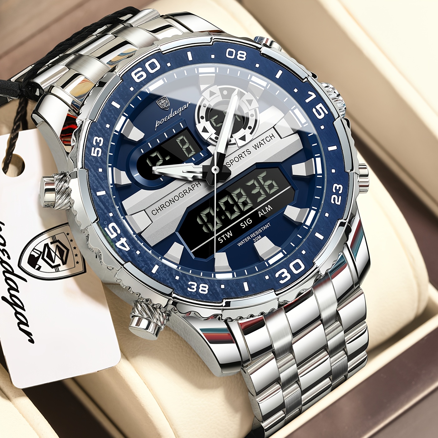 Avant-Garde Sports Multi-Functional Men'S Watch Waterproof Luminous Large Screen Dual Display Men'S Wristwatch Steel Band Electronic Watch Men'S Watch
