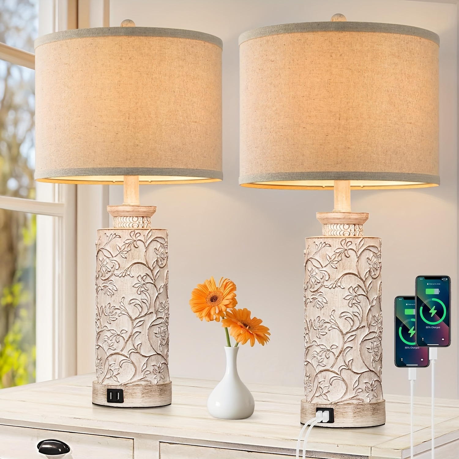 

25.5in Table Lamps Set Of 2 With 2 Usb Charging Ports For Living Room Bedroom, Tall Bedside Lamps, Farmhouse Vintage Nightstand Lamps With Handmade Resin Base Fabric Lampshade For End Table, White