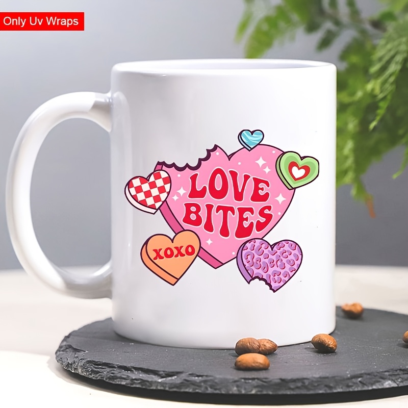 

4pcs Valentine's Day Cartoon Heart Pattern Uv Dtf Mug Stickers, Waterproof Polyester Self-adhesive Crystal Embellished Shimmery Decals For Glass, Diy Crafts, Single Use On Bottles & Stationery