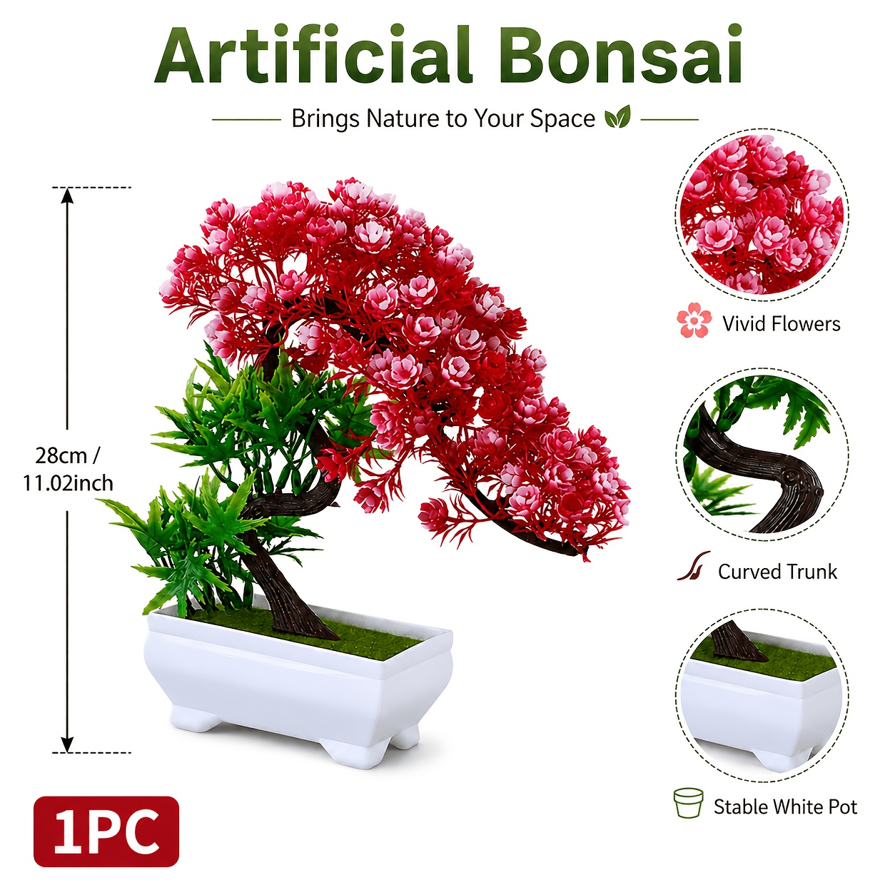 TEMU 1pc Artificial Simulated Green Plant Bonsai, Featuring A Red-pink Gradient Flower Cluster With A Faux Wood Curved Trunk And White Square Pot. A