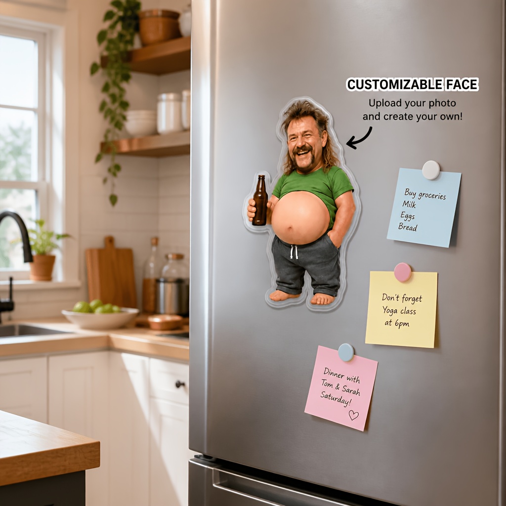 Image of Personalized, Customizable Magnetic Fridge Magnet Featuring A Chubby-bellied For Man Holding A Beer—a Creative Gift Perfect For Pranking