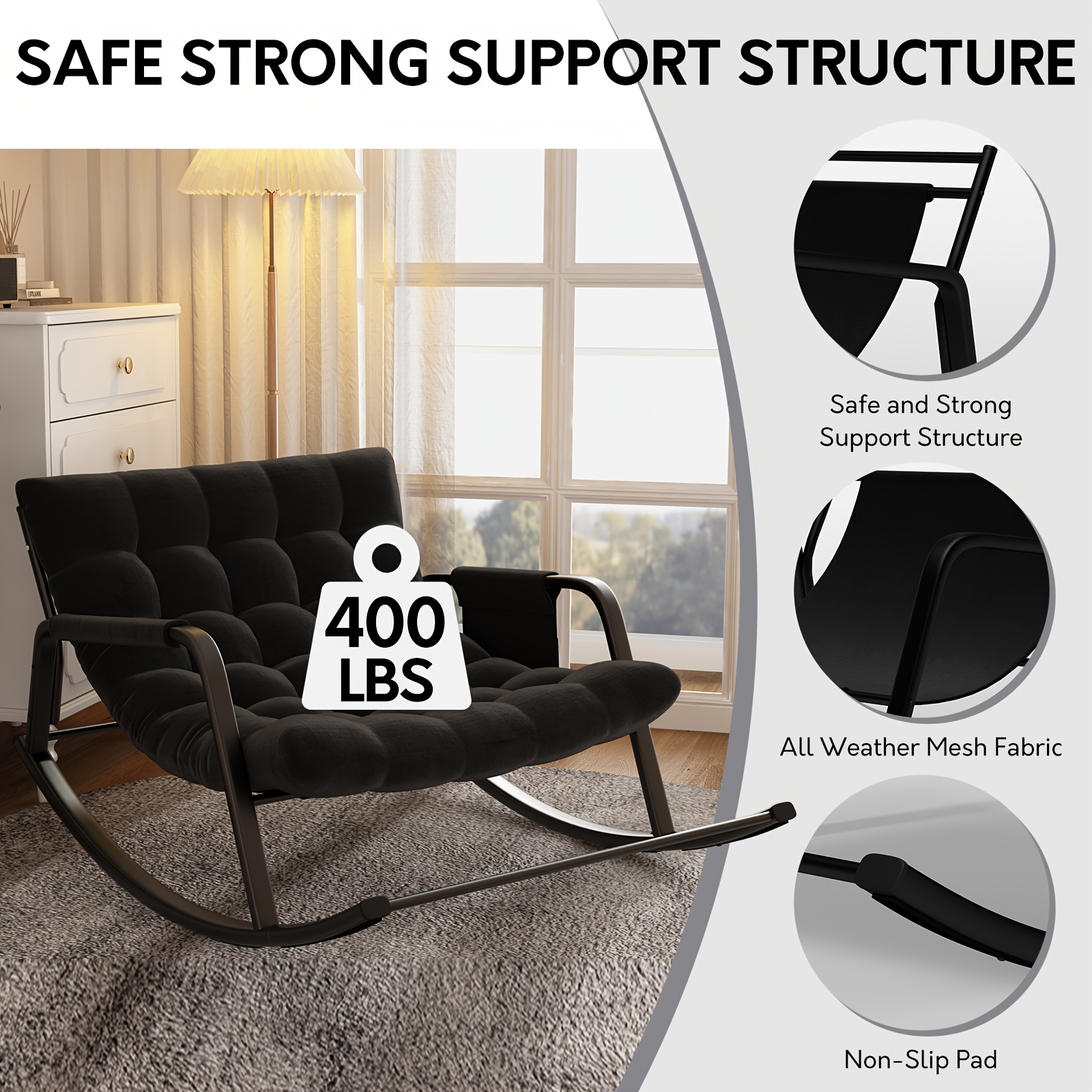 Outdoor & Indoor Oversized Rocking Chairs, Modern Metal Lounge Rocking Chair with Thick Cushions, High Back Rocker Chair for Living Room, Patio, Porch, Garden, Backyard
