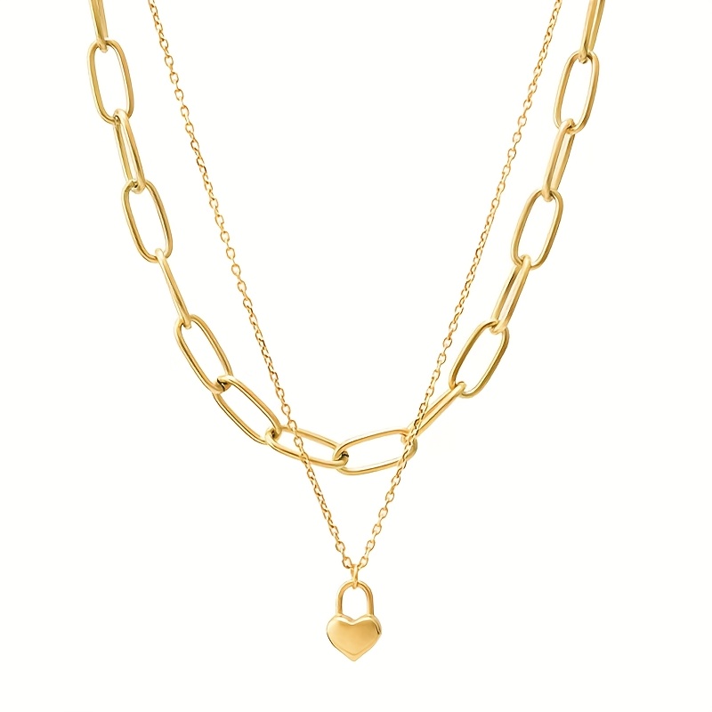TEMU Collier tendance en acier inoxydable 304 avec pendentif cadenas de cœur à double couche dorée, collier punk hip-hop pour homme et femme
