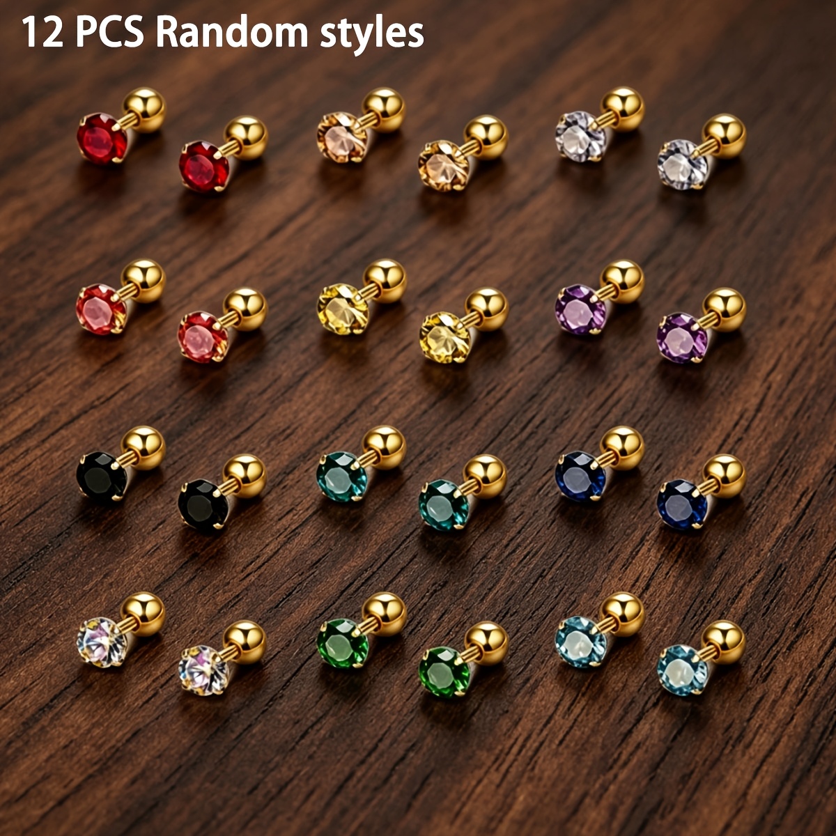 TEMU Spring/summer 12pcs (6 Pairs)/set (random Style) Stainless Steel Twist Screw -prong 3mm Round Synthetic Zirconia Stud Earrings, , Small And