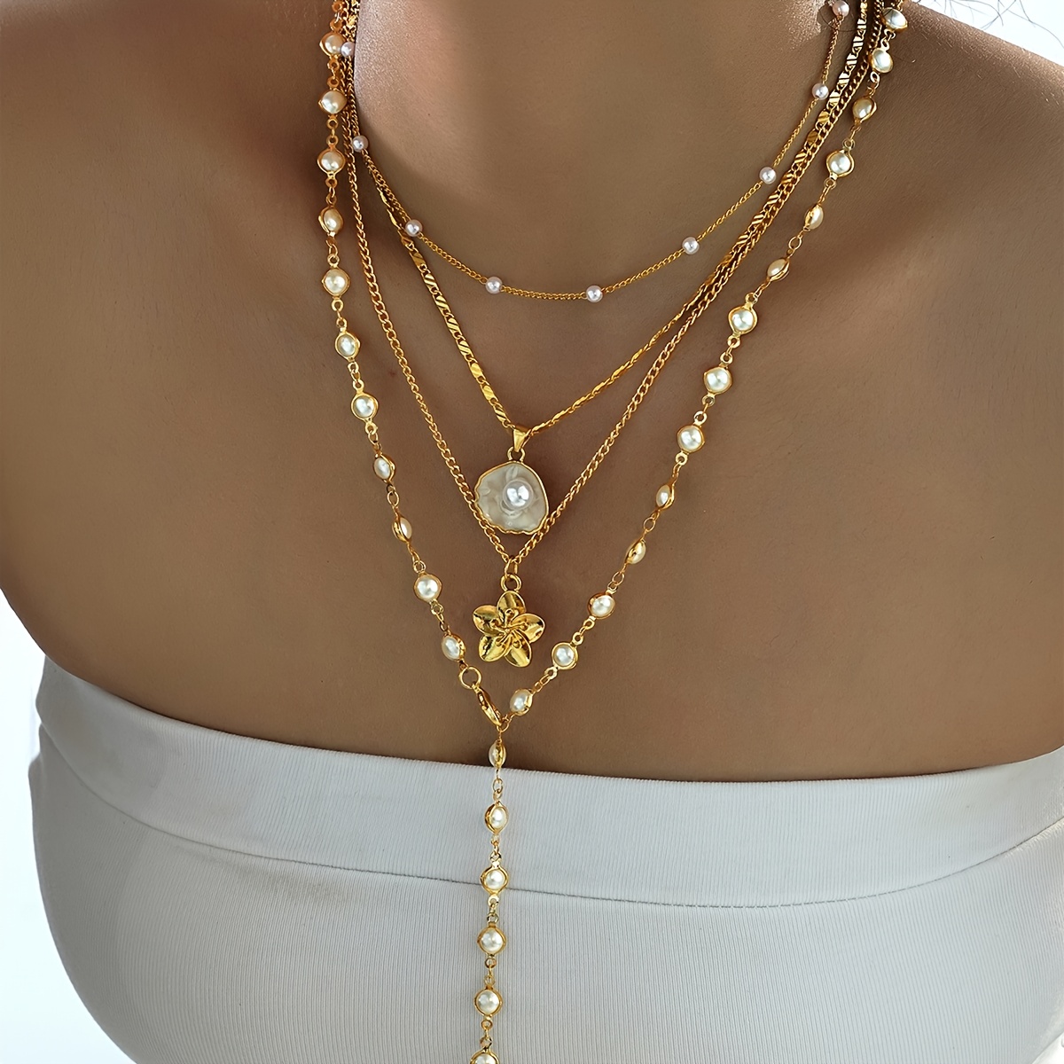 Image of 4pcs Simple And Elegant Women's Fashion Y-shaped Necklace Set With Faux And Shell , Ideal For Daily Wear, Dates, Vacations, Parties, And As A Gift For Girlfriend On Valentine's Day