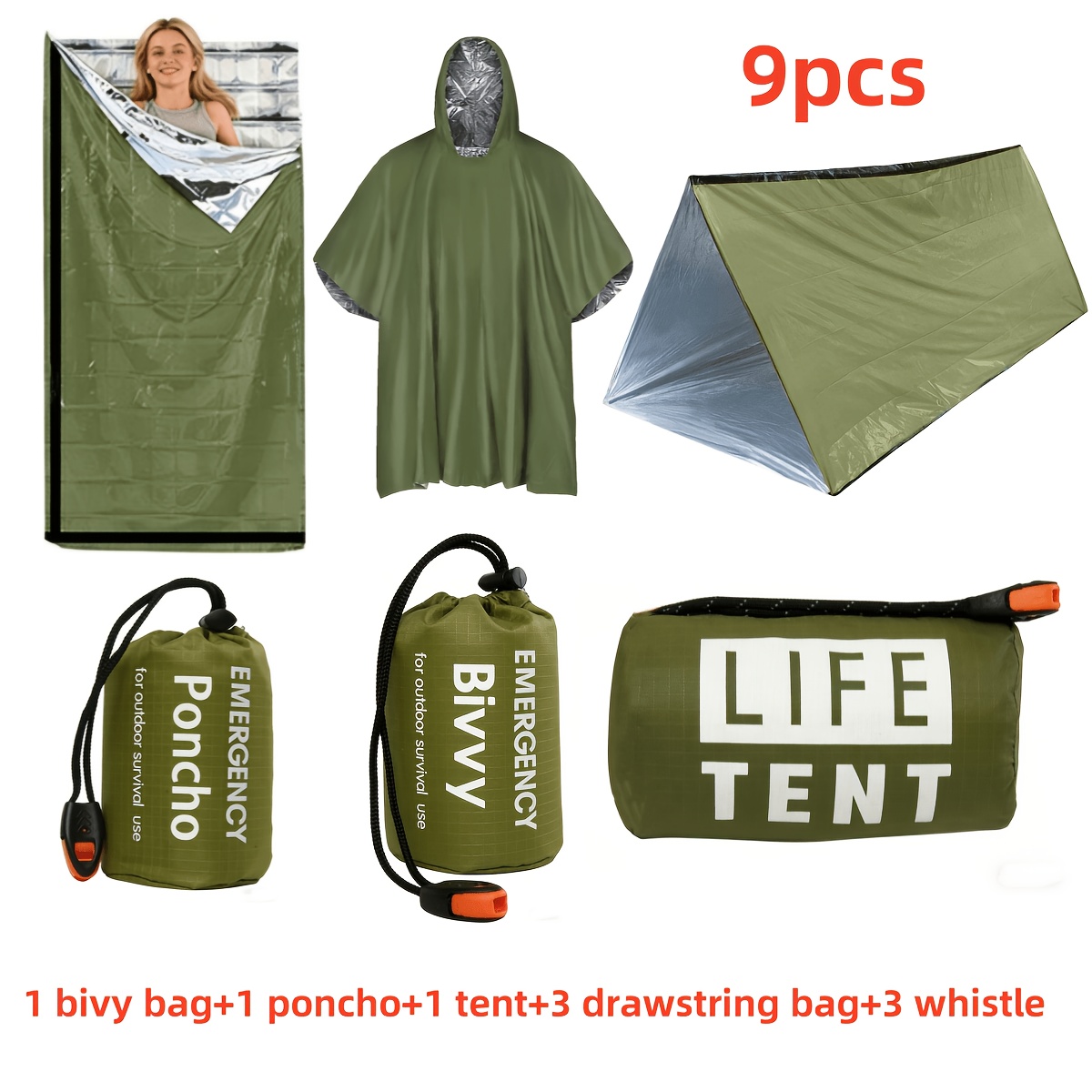TEMU 9pcs Outdoor Survival Gear Suitable For Camping & Hiking - Insulated Tent, Sleeping Bag, Shelter With Portable Tent, Storage Bag & Survival