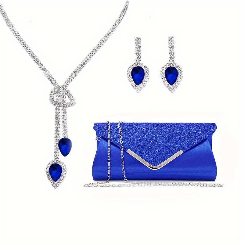 

3pcs Elegant Women's Party Accessory Set: Luxurious Sequin Clutch With Detachable Chain Strap, Heart-shaped Blue Gemstone Necklace & Matching Earrings - Evening Events