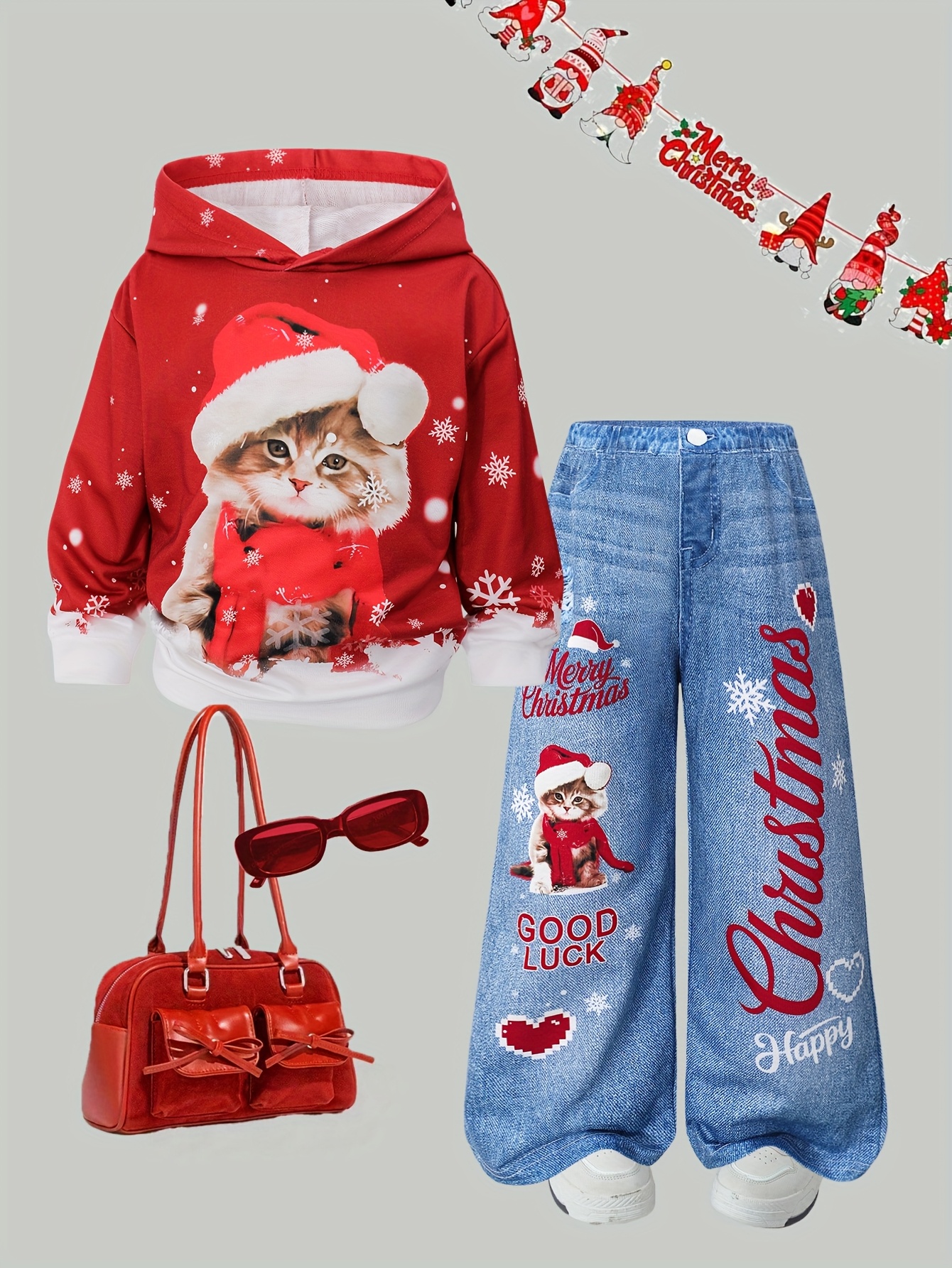 2-delige set voor meisjes, bestaande uit een kerst-sweatshirt en een faux denim-print wijde broek - Het rode Santa-sweatshirt met kat- en sneeuwvlokdesign