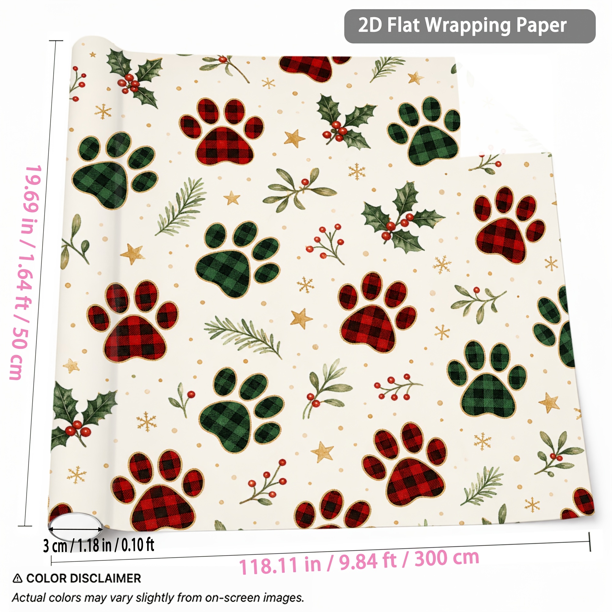 TEMU 1 Rolle Weihnachts-Geschenkpapier mit Pfotenabdruck 1,64ft x 9,84ft, kariert, mit Hunde- Katzenpfoten, Stechpalme Sternen, für Weihnachts-,