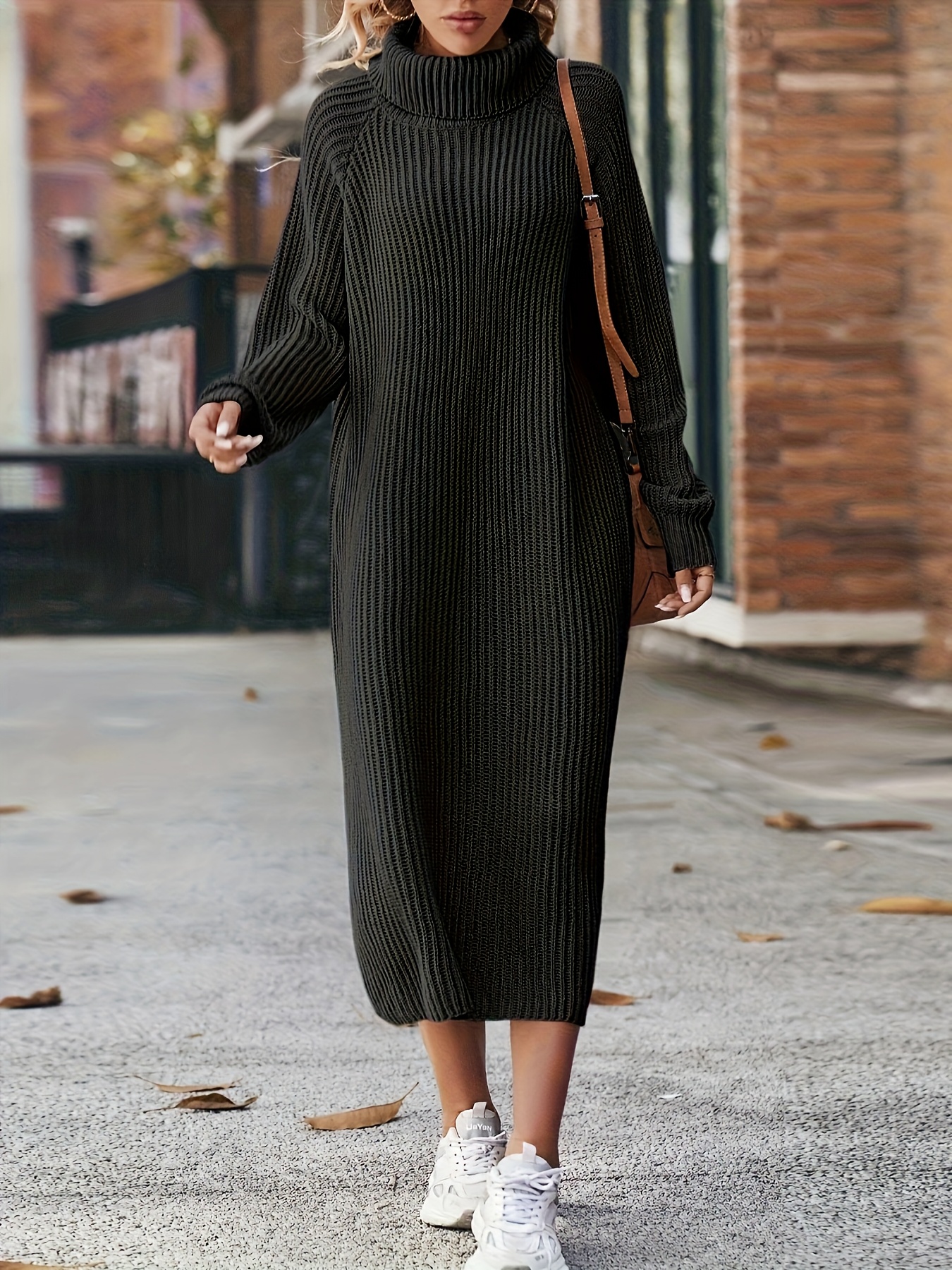 a loose fitting high neck long sweater dress women featuring - Temu Oman