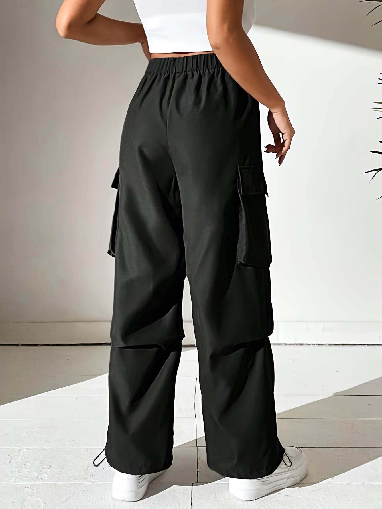 women's casual cargo pants drawstring waist solid color