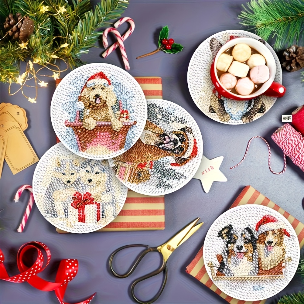 TEMU 8pcs Set - Diamond Painting Kit With Stand, Cute Puppy Christmas Hat Coaster Set, Diy Shiny Wooden Coaster Set, Mosaic Handmade Drill Art Craft,
