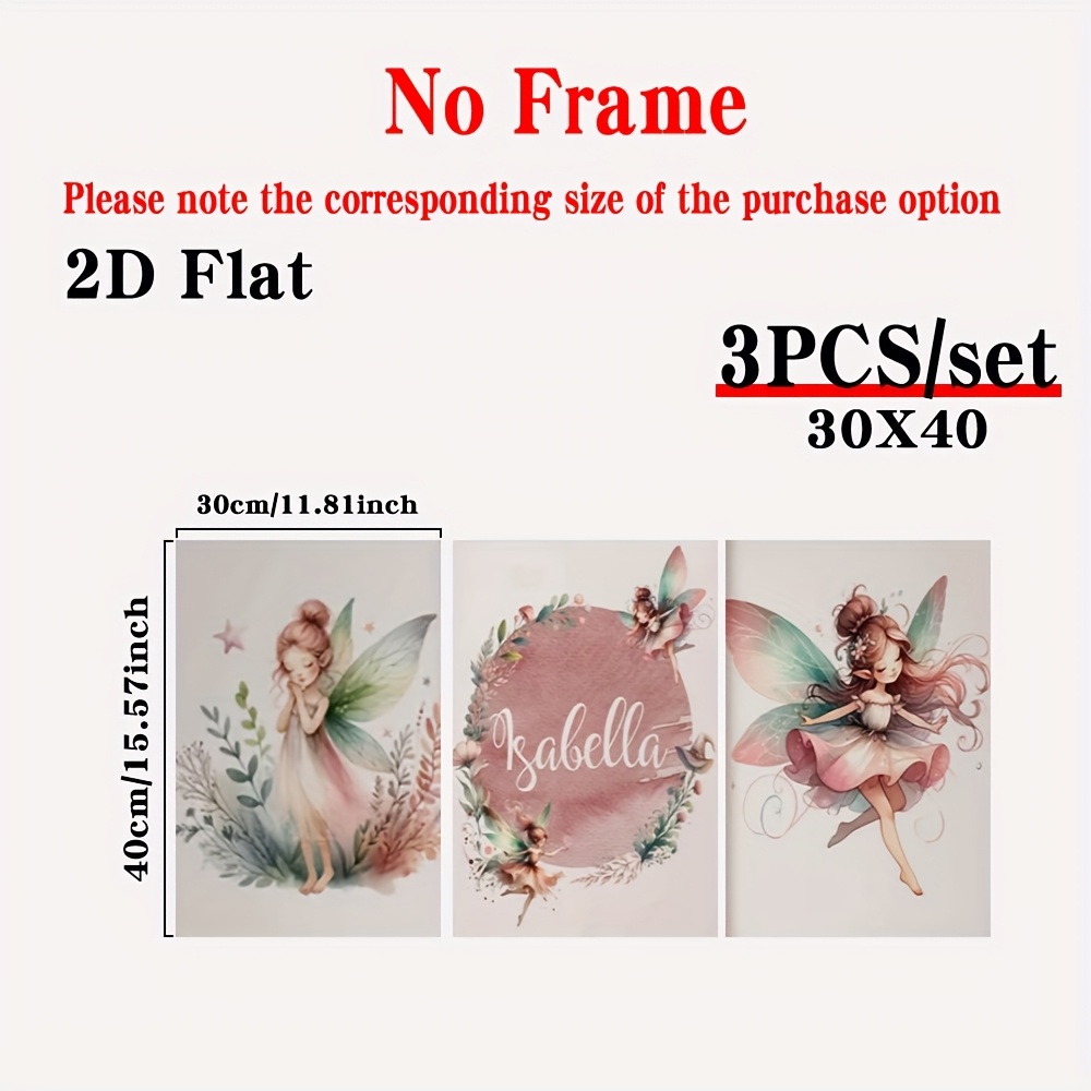 TEMU 2d Flat, [2d Flat]3pcs Personalized Name Custom Poster,with Framed And Frameless Customize Poster, Whimsical Fairy Wall Art Set - Home Decor For