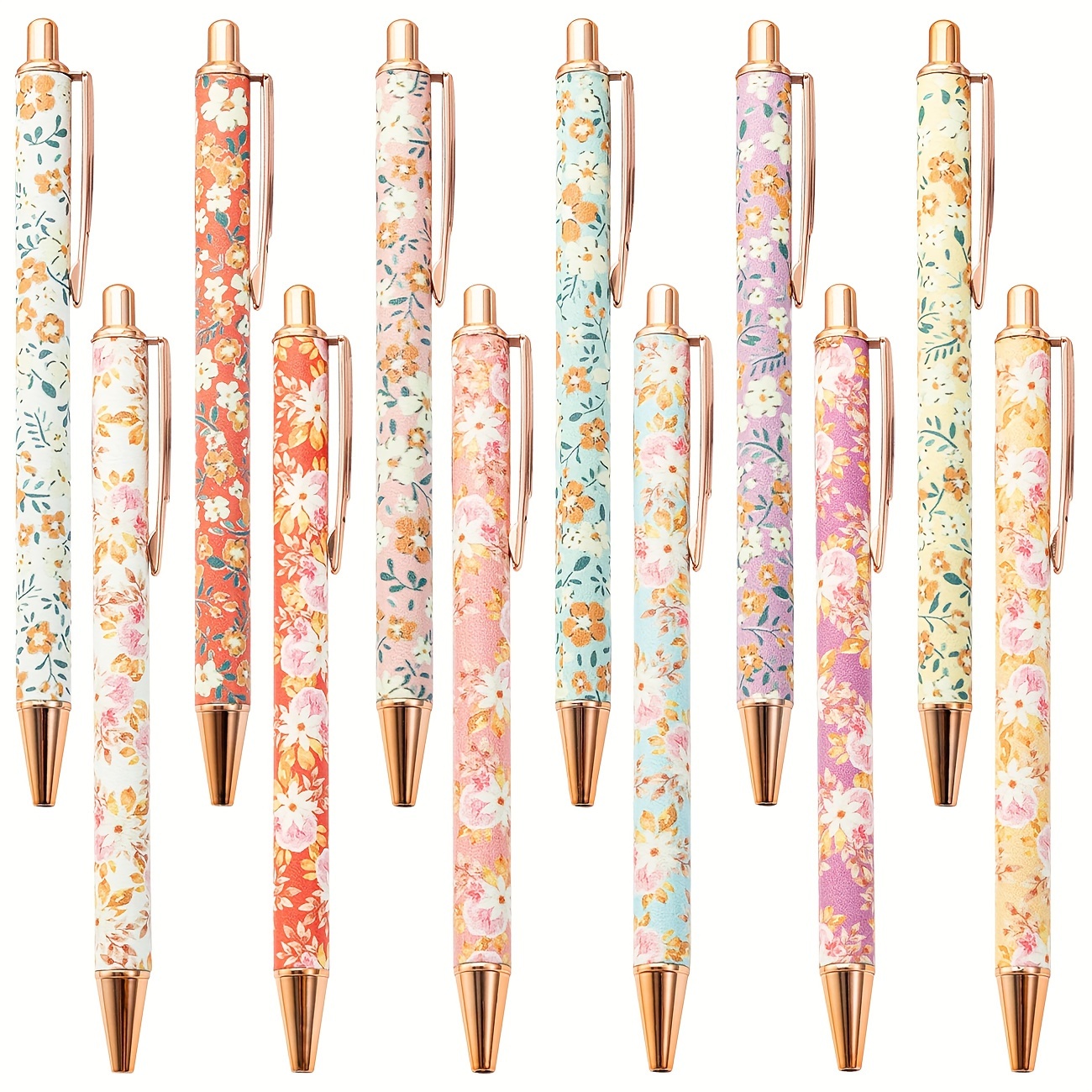 

12 Pieces Set Of Flower Art Pens, Flower Ballpoint Pens, Flower Style Beautiful Pens, Women's Retro Flower Cute Pens, Metal Extendable Bullet Shaped 1.0 Black Ink Pens, Diary Gifts, School Offices