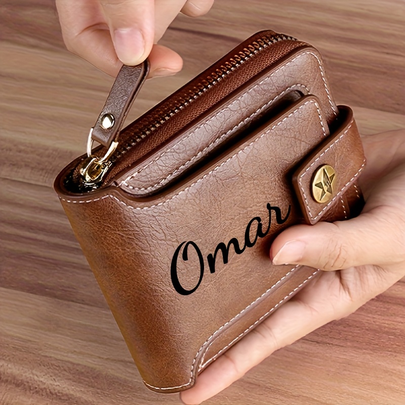 1 Customized Men'S Name Wallet Gift - Men'S Fashionable Faux Leather Wallet, Brown, With Tree Pattern, Snap Closure, Zipper Credit Card Clip And Coin Wallet, Elegantly Designed For Father'S Day, Perfect For Men Or Special Occasions