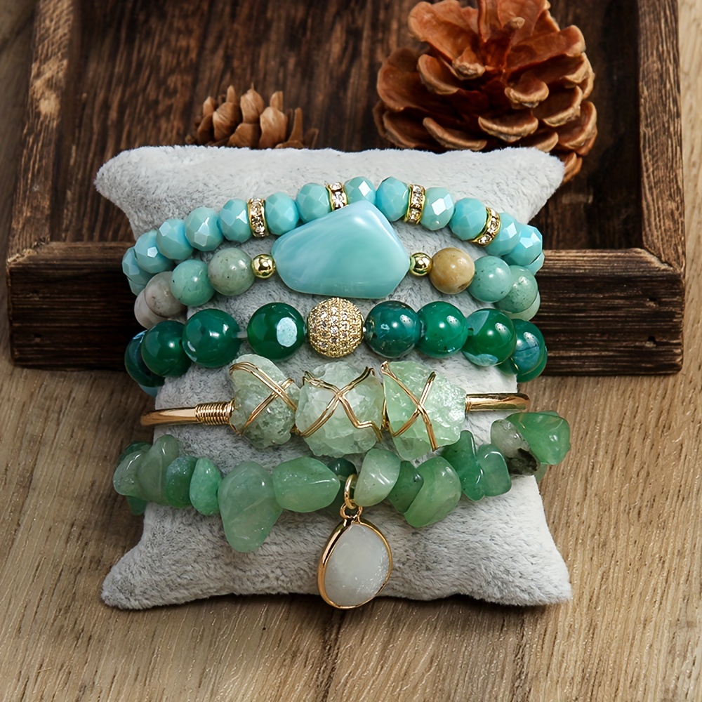 

5pcs Boho Style Colorful Natural Stone Beads Beaded Bracelet Set Elegant Stackable Handmade Hand String Jewelry Set