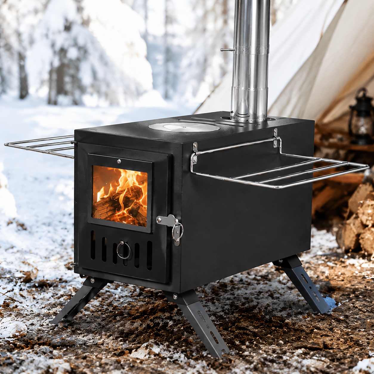 Bärbar Campingkök i Rostfritt Stål Svart, Vedeldad Tältkamin för Utomhusbruk, Vandring, och Backpacking | för Varmtält, Campingtält | Vedeldad Kamin Camping, Vedkamin