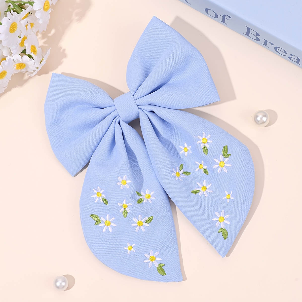 TEMU 1pc Sweet Embroidery Hair Bow Clip For, Elegant Floral Hairpin Nonslip Clip Accessories For Spring Outdoor