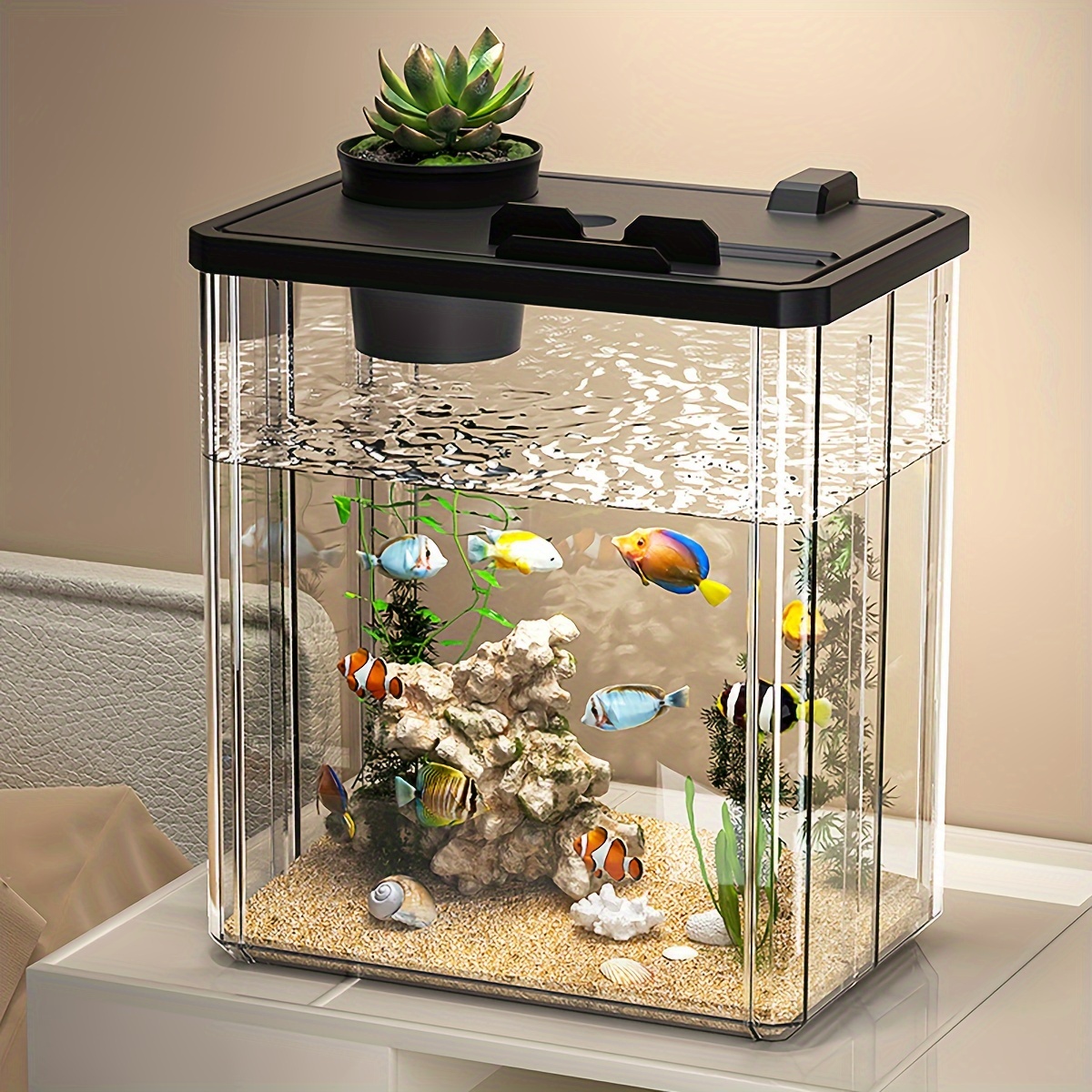 

Compact Acrylic Fish With Led Light - Transparent Desktop Aquarium For Home And Office Decor, Rectangular Shape