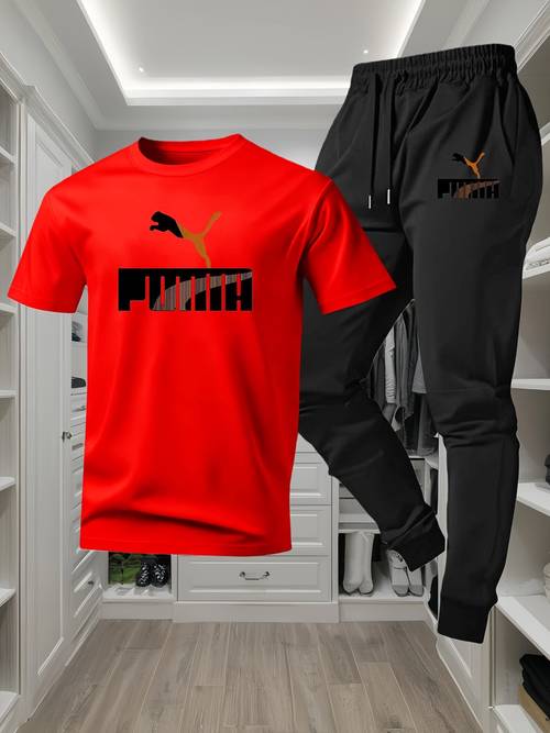 mens short sleeve t shirt and pants set spring summer two piece outfit including a letter print crewneck top drawstring casual athletic joggers