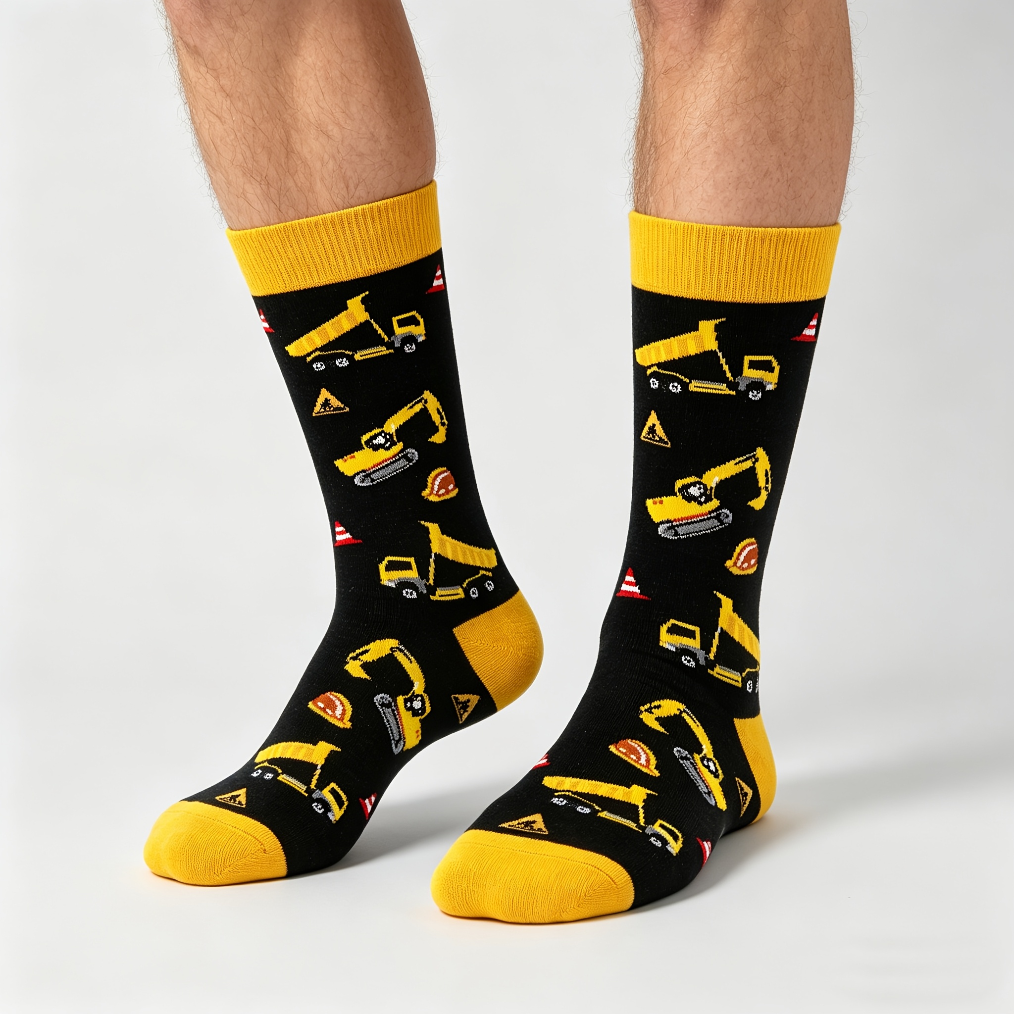 Image of A Pair Of Men's Excavator Dump Truck Graphic Trendy Socks, Unique Mechanical Socks For Instagram, Mid-calf Socks With Vehicle Designs Suitable For
