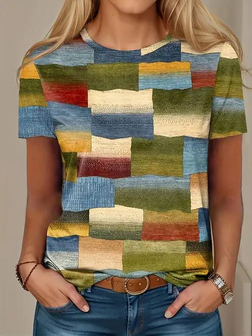 Women's Short Sleeve Colorblock Tunic Top - Loose Casual Crewneck Tee In Cotton/Spandex, Multiple Colors & Sizes