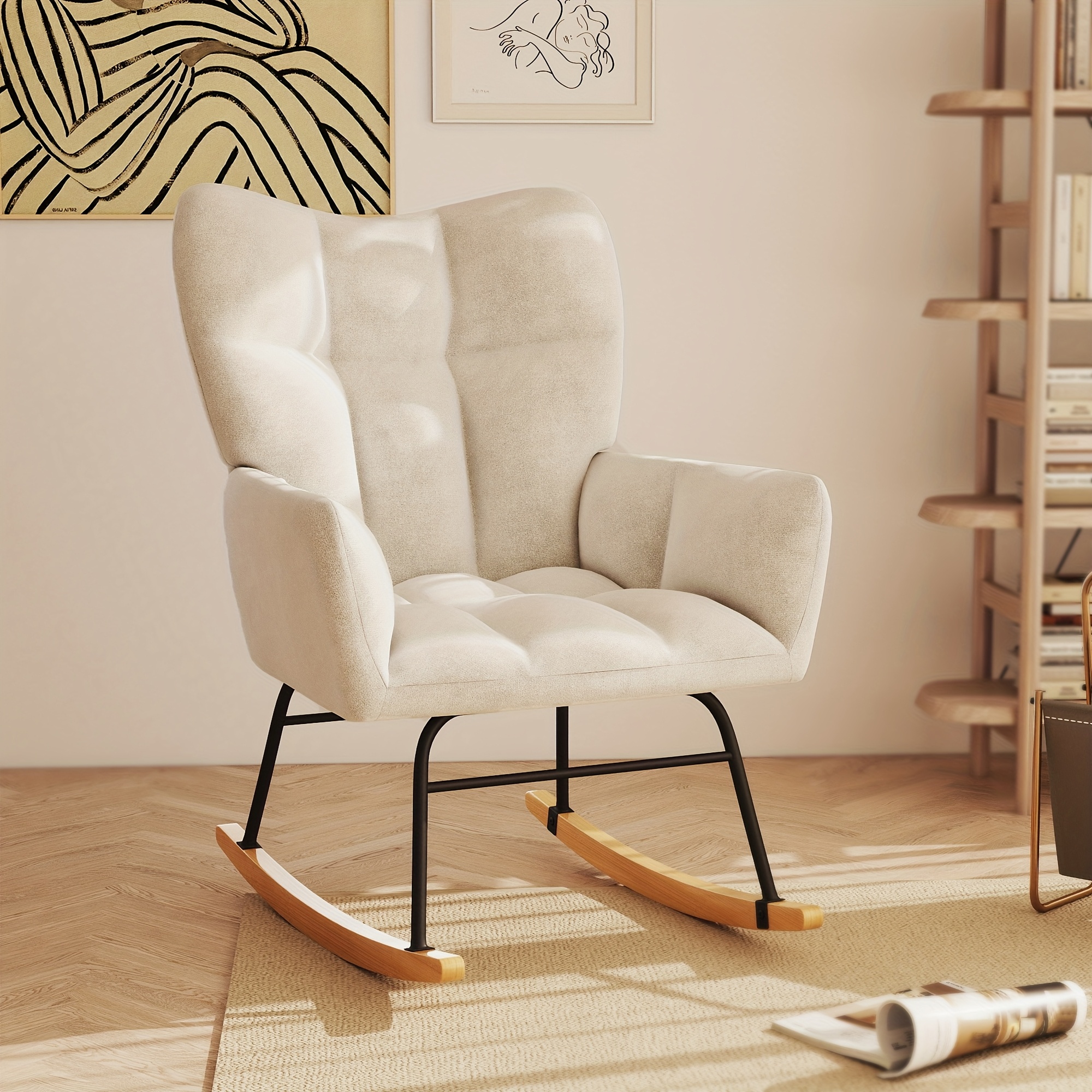 TEMU Rocking Chair With High Backrest, Soft Velvet Cover With Thick Foam Seat And Back, 440 Lb. Rated, In .