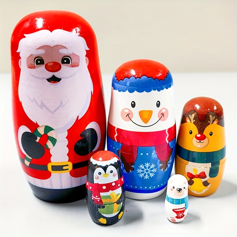 Image of Wooden Nesting Dolls For Kids, Children's Educational Toy, Handmade Collectible Artwork, Ideal Gifts And Decorative Ornaments For Christmas, Parties And Other Festivals.